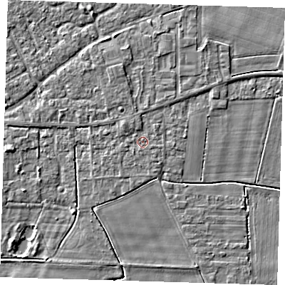 Shaded relief map of the ground around PE127BB, computed from Environment Agency LiDAR. The ground here sits at about 3 m above sea level and falls 3 m across the surrounding 800 m. The ground contributing surface water to this point lies to the south-south-west.