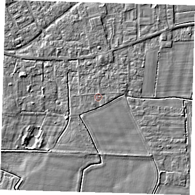 Shaded relief map of the ground around PE127BD, computed from Environment Agency LiDAR. The ground here sits at about 3 m above sea level and falls 3 m across the surrounding 800 m. The ground contributing surface water to this point lies to the east.