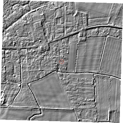 Shaded relief map of the ground around PE127BE, computed from Environment Agency LiDAR. The ground here sits at about 3 m above sea level and falls 3 m across the surrounding 800 m. The ground contributing surface water to this point lies to the north-west.
