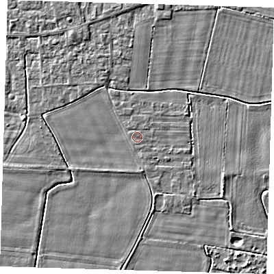Shaded relief map of the ground around PE127BG, computed from Environment Agency LiDAR. The ground here sits at about 3 m above sea level and falls 3 m across the surrounding 800 m. The ground contributing surface water to this point lies to the north-north-west.