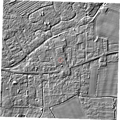 Shaded relief map of the ground around PE127BP, computed from Environment Agency LiDAR. The ground here sits at about 4 m above sea level and falls 3 m across the surrounding 800 m. The ground contributing surface water to this point lies to the south-south-east.