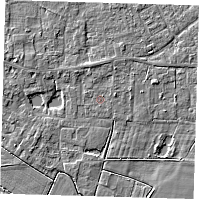 Shaded relief map of the ground around PE127BQ, computed from Environment Agency LiDAR. The ground here sits at about 3 m above sea level and falls 4 m across the surrounding 800 m. Surface water reaching this point runs off ground lying to the north, 1.4 m higher.