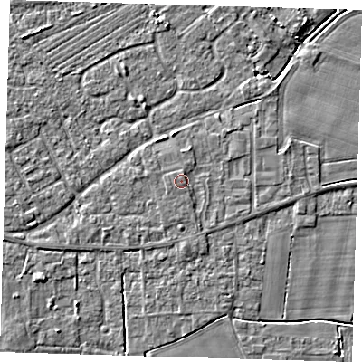 Shaded relief map of the ground around PE127BS, computed from Environment Agency LiDAR. The ground here sits at about 4 m above sea level and falls 3 m across the surrounding 800 m. Surface water reaching this point runs off ground lying to the north-north-east, 1.0 m higher.