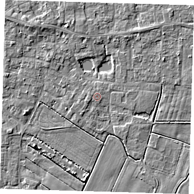 Shaded relief map of the ground around PE127BU, computed from Environment Agency LiDAR. The ground here sits at about 3 m above sea level and falls 6 m across the surrounding 800 m. The ground contributing surface water to this point lies to the west-north-west.