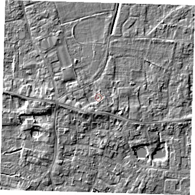 Shaded relief map of the ground around PE127BW, computed from Environment Agency LiDAR. The ground here sits at about 4 m above sea level and falls 4 m across the surrounding 800 m. Surface water reaching this point runs off ground lying to the south-west, 1.9 m higher.