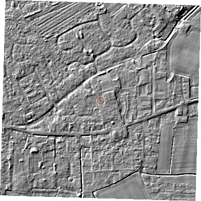 Shaded relief map of the ground around PE127BX, computed from Environment Agency LiDAR. The ground here sits at about 4 m above sea level and falls 3 m across the surrounding 800 m. Surface water reaching this point runs off ground lying to the east-north-east, 0.6 m higher.