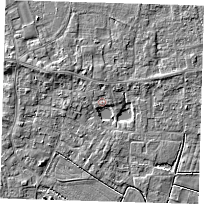Shaded relief map of the ground around PE127BY, computed from Environment Agency LiDAR. The ground here sits at about 3 m above sea level and falls 6 m across the surrounding 800 m. Surface water reaching this point runs off ground lying to the west-north-west, 3.6 m higher.