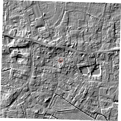 Shaded relief map of the ground around PE127BZ, computed from Environment Agency LiDAR. The ground here sits at about 4 m above sea level and falls 5 m across the surrounding 800 m. Surface water reaching this point runs off ground lying to the north-north-west, 1.9 m higher.