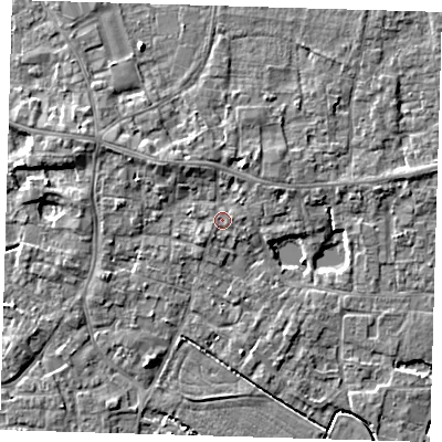 Shaded relief map of the ground around PE127DA, computed from Environment Agency LiDAR. The ground here sits at about 4 m above sea level and falls 5 m across the surrounding 800 m. Surface water reaching this point runs off ground lying to the south-west, 0.8 m higher.
