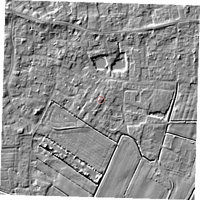 Shaded relief map of the ground around PE127DB, computed from Environment Agency LiDAR. The ground here sits at about 4 m above sea level and falls 6 m across the surrounding 800 m. Surface water reaching this point runs off ground lying to the east-south-east, 0.9 m higher.