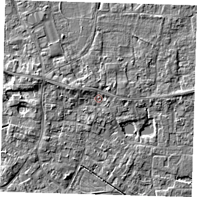 Shaded relief map of the ground around PE127DD, computed from Environment Agency LiDAR. The ground here sits at about 4 m above sea level and falls 4 m across the surrounding 800 m. Surface water reaching this point runs off ground lying to the west-north-west, 2.2 m higher.