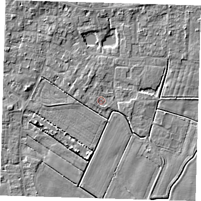 Shaded relief map of the ground around PE127DG, computed from Environment Agency LiDAR. The ground here sits at about 3 m above sea level and falls 6 m across the surrounding 800 m. Surface water reaching this point runs off ground lying to the north-north-west, 2.3 m higher.