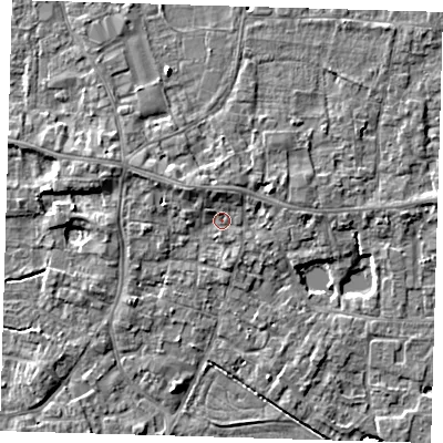 Shaded relief map of the ground around PE127DJ, computed from Environment Agency LiDAR. The ground here sits at about 4 m above sea level and falls 5 m across the surrounding 800 m. Surface water reaching this point runs off ground lying to the north-west, 1.9 m higher.