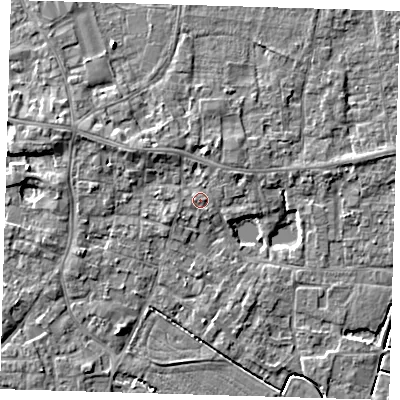Shaded relief map of the ground around PE127DL, computed from Environment Agency LiDAR. The ground here sits at about 4 m above sea level and falls 5 m across the surrounding 800 m. Surface water reaching this point runs off ground lying to the north-west, 2.2 m higher.