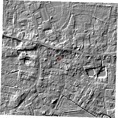 Shaded relief map of the ground around PE127DN, computed from Environment Agency LiDAR. The ground here sits at about 4 m above sea level and falls 5 m across the surrounding 800 m. Surface water reaching this point runs off ground lying to the north-north-west, 2.1 m higher.