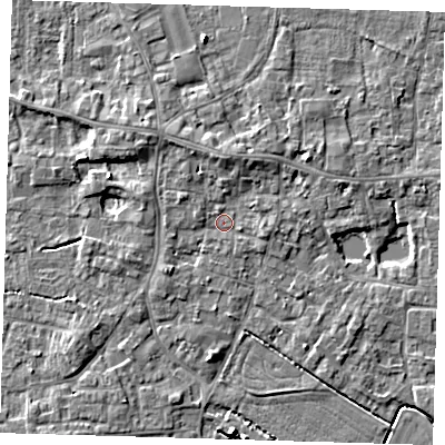 Shaded relief map of the ground around PE127DP, computed from Environment Agency LiDAR. The ground here sits at about 3 m above sea level and falls 6 m across the surrounding 800 m. Surface water reaching this point runs off ground lying to the north, 2.2 m higher.
