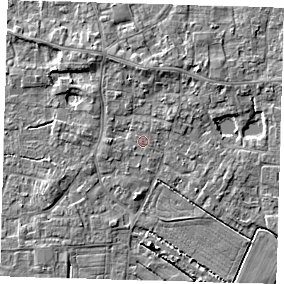 Shaded relief map of the ground around PE127DS, computed from Environment Agency LiDAR. The ground here sits at about 4 m above sea level and falls 6 m across the surrounding 800 m. The ground contributing surface water to this point lies to the south-west.