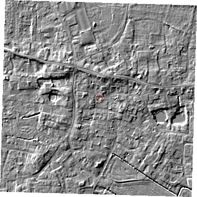 Shaded relief map of the ground around PE127DW, computed from Environment Agency LiDAR. The ground here sits at about 3 m above sea level and falls 5 m across the surrounding 800 m. Surface water reaching this point runs off ground lying to the north, 2.1 m higher.