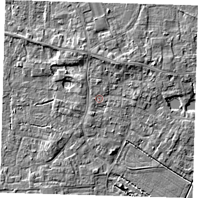 Shaded relief map of the ground around PE127DZ, computed from Environment Agency LiDAR. The ground here sits at about 4 m above sea level and falls 6 m across the surrounding 800 m. Surface water reaching this point runs off ground lying to the south-south-west, 1.4 m higher.