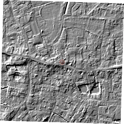 Shaded relief map of the ground around PE127EB, computed from Environment Agency LiDAR. The ground here sits at about 4 m above sea level and falls 4 m across the surrounding 800 m. Surface water reaching this point runs off ground lying to the west-south-west, 0.9 m higher.