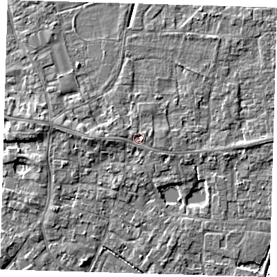 Shaded relief map of the ground around PE127ED, computed from Environment Agency LiDAR. The ground here sits at about 3 m above sea level and falls 5 m across the surrounding 800 m. Surface water reaching this point runs off ground lying to the west, 1.5 m higher.