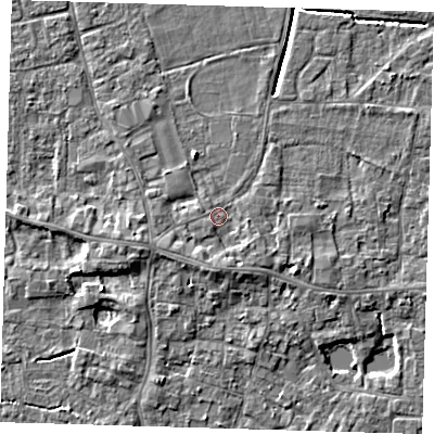 Shaded relief map of the ground around PE127EE, computed from Environment Agency LiDAR. The ground here sits at about 4 m above sea level and falls 4 m across the surrounding 800 m. Surface water reaching this point runs off ground lying to the south, 2.2 m higher.