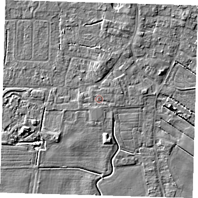 Shaded relief map of the ground around PE127EF, computed from Environment Agency LiDAR. The ground here sits at about 4 m above sea level and falls 6 m across the surrounding 800 m. Surface water reaching this point runs off ground lying to the south-south-west, 0.9 m higher.