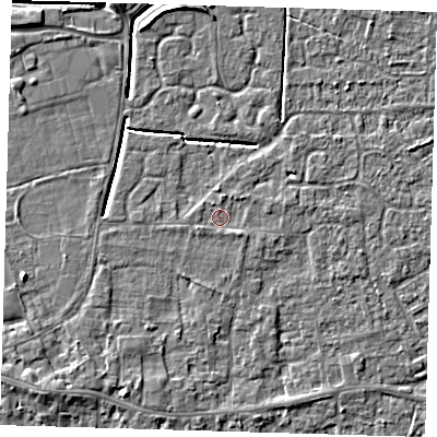 Shaded relief map of the ground around PE127EJ, computed from Environment Agency LiDAR. The ground here sits at about 4 m above sea level and falls 4 m across the surrounding 800 m. Surface water reaching this point runs off ground lying to the south-east, 1.0 m higher.