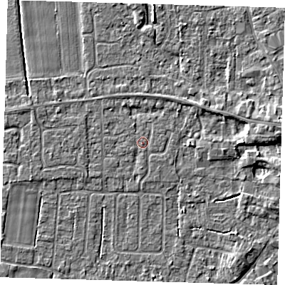 Shaded relief map of the ground around PE127ES, computed from Environment Agency LiDAR. The ground here sits at about 3 m above sea level and falls 4 m across the surrounding 800 m. The ground contributing surface water to this point lies to the east.