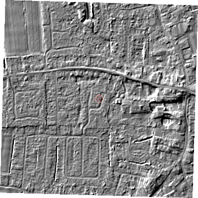 Shaded relief map of the ground around PE127ET, computed from Environment Agency LiDAR. The ground here sits at about 4 m above sea level and falls 4 m across the surrounding 800 m. The ground contributing surface water to this point lies to the south.