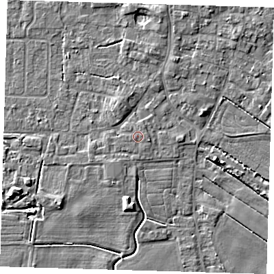 Shaded relief map of the ground around PE127EU, computed from Environment Agency LiDAR. The ground here sits at about 4 m above sea level and falls 6 m across the surrounding 800 m. Surface water reaching this point runs off ground lying to the east-south-east, 0.7 m higher.