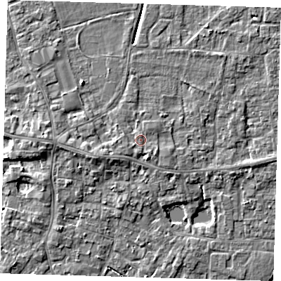 Shaded relief map of the ground around PE127EX, computed from Environment Agency LiDAR. The ground here sits at about 4 m above sea level and falls 4 m across the surrounding 800 m. Surface water reaching this point runs off ground lying to the south-west, 0.8 m higher.