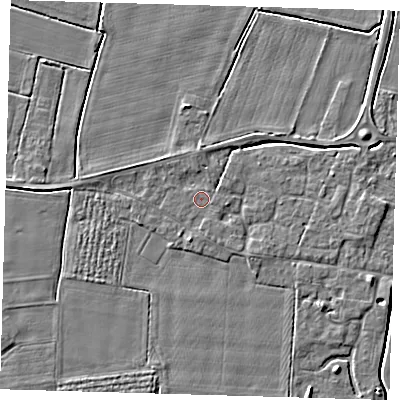 Shaded relief map of the ground around PE127EY, computed from Environment Agency LiDAR. The ground here sits at about 3 m above sea level and falls 4 m across the surrounding 800 m. Surface water reaching this point runs off ground lying to the east, 2.6 m higher.