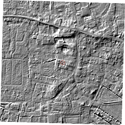 Shaded relief map of the ground around PE127FA, computed from Environment Agency LiDAR. The ground here sits at about 4 m above sea level and falls 6 m across the surrounding 800 m. Surface water reaching this point runs off ground lying to the east-south-east, 0.9 m higher.