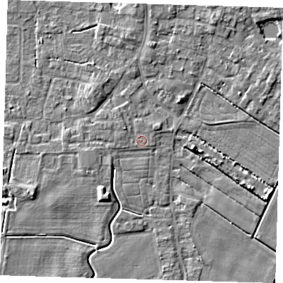 Shaded relief map of the ground around PE127FB, computed from Environment Agency LiDAR. The ground here sits at about 3 m above sea level and falls 6 m across the surrounding 800 m. Surface water reaching this point runs off ground lying to the north-east, 0.6 m higher.