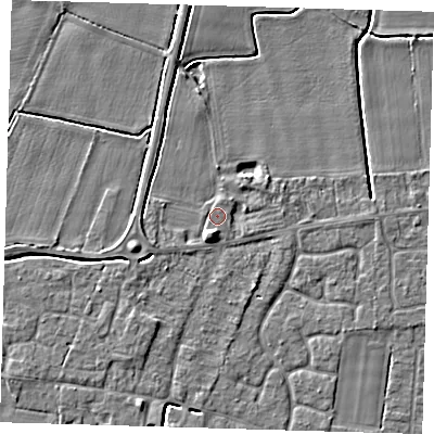 Shaded relief map of the ground around PE127FD, computed from Environment Agency LiDAR. The ground here sits at about 4 m above sea level and falls 4 m across the surrounding 800 m. Surface water reaching this point runs off ground lying to the south-south-west, 2.5 m higher.