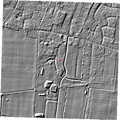 Shaded relief map of the ground around PE127FE, computed from Environment Agency LiDAR. The ground here sits at about 3 m above sea level and falls 5 m across the surrounding 800 m. Surface water reaching this point runs off ground lying to the north, 1.6 m higher.