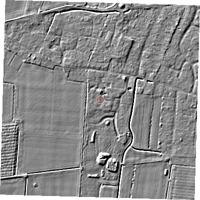 Shaded relief map of the ground around PE127FF, computed from Environment Agency LiDAR. The ground here sits at about 3 m above sea level and falls 5 m across the surrounding 800 m. Surface water reaching this point runs off ground lying to the north-east, 1.6 m higher.