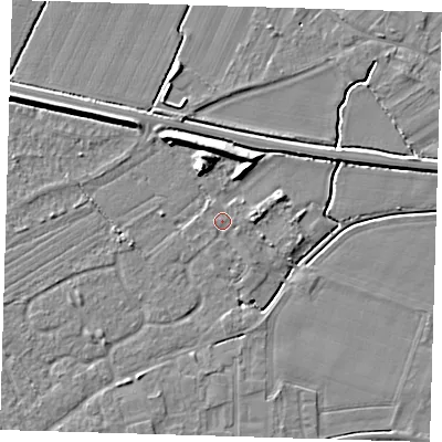 Shaded relief map of the ground around PE127FG, computed from Environment Agency LiDAR. The ground here sits at about 4 m above sea level and falls 7 m across the surrounding 800 m. Surface water reaching this point runs off ground lying to the south-east, 0.8 m higher.