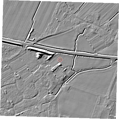 Shaded relief map of the ground around PE127FP, computed from Environment Agency LiDAR. The ground here sits at about 3 m above sea level and falls 7 m across the surrounding 800 m. Surface water reaching this point runs off ground lying to the south-south-west, 2.1 m higher.
