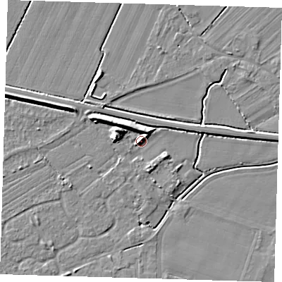 Shaded relief map of the ground around PE127FQ, computed from Environment Agency LiDAR. The ground here sits at about 7 m above sea level and falls 7 m across the surrounding 800 m. Surface water reaching this point runs off ground lying to the north-east, 5.1 m higher.