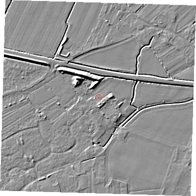 Shaded relief map of the ground around PE127FR, computed from Environment Agency LiDAR. The ground here sits at about 3 m above sea level and falls 7 m across the surrounding 800 m. Surface water reaching this point runs off ground lying to the south, 1.8 m higher.