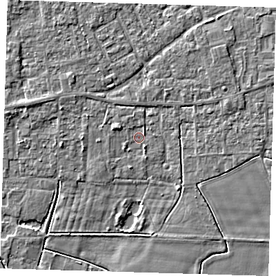 Shaded relief map of the ground around PE127FT, computed from Environment Agency LiDAR. The ground here sits at about 3 m above sea level and falls 3 m across the surrounding 800 m. Surface water reaching this point runs off ground lying to the west-north-west, 1.4 m higher.
