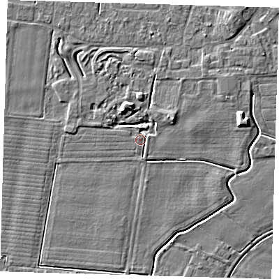 Shaded relief map of the ground around PE127FX, computed from Environment Agency LiDAR. The ground here sits at about 3 m above sea level and falls 6 m across the surrounding 800 m. Surface water reaching this point runs off ground lying to the north-north-west, 6.0 m higher.