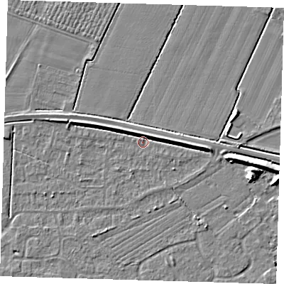 Shaded relief map of the ground around PE127GA, computed from Environment Agency LiDAR. The ground here sits at about 3 m above sea level and falls 6 m across the surrounding 800 m. Surface water reaching this point runs off ground lying to the west-north-west, 4.1 m higher.