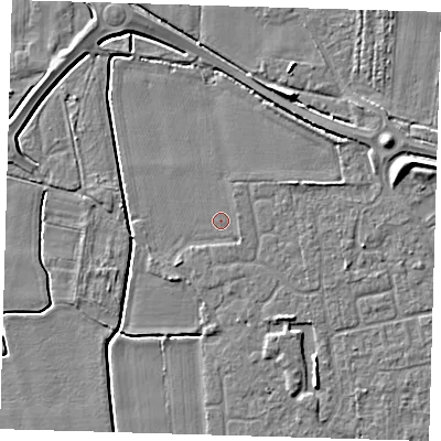 Shaded relief map of the ground around PE127GB, computed from Environment Agency LiDAR. The ground here sits at about 3 m above sea level and falls 6 m across the surrounding 800 m. The ground contributing surface water to this point lies to the south-west.