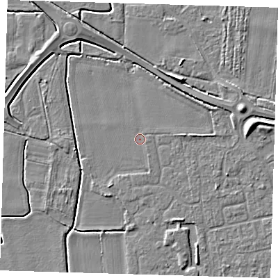 Shaded relief map of the ground around PE127GD, computed from Environment Agency LiDAR. The ground here sits at about 3 m above sea level and falls 6 m across the surrounding 800 m. Surface water reaching this point runs off ground lying to the south-south-east, 1.6 m higher.