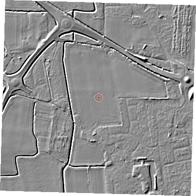 Shaded relief map of the ground around PE127GE, computed from Environment Agency LiDAR. The ground here sits at about 3 m above sea level and falls 6 m across the surrounding 800 m. The ground contributing surface water to this point lies to the north.