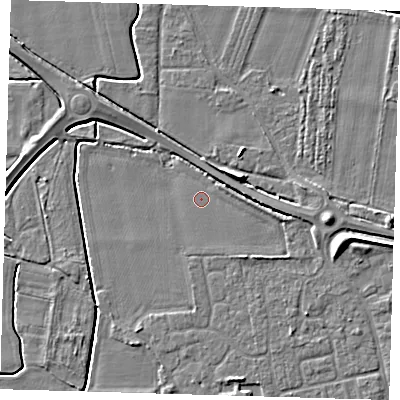 Shaded relief map of the ground around PE127GF, computed from Environment Agency LiDAR. The ground here sits at about 3 m above sea level and falls 6 m across the surrounding 800 m. Surface water reaching this point runs off ground lying to the east-south-east, 4.2 m higher.