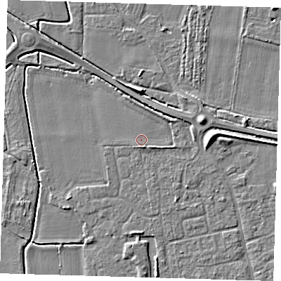 Shaded relief map of the ground around PE127GG, computed from Environment Agency LiDAR. The ground here sits at about 3 m above sea level and falls 7 m across the surrounding 800 m. Surface water reaching this point runs off ground lying to the east, 4.2 m higher.